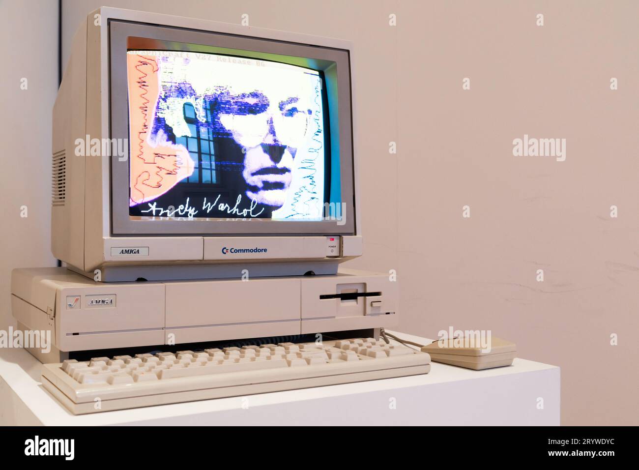 Computer Commodore Amiga 1000 with floppy disk and mouse Stock Photo