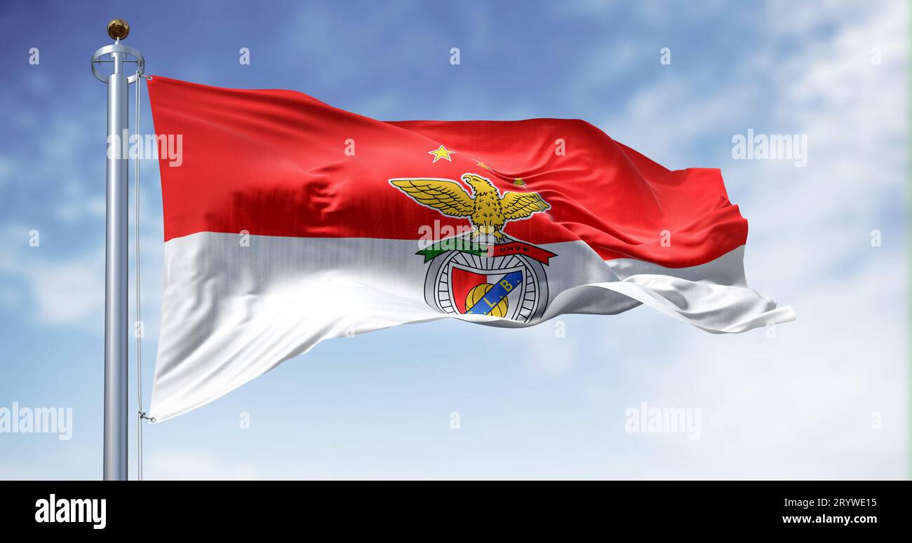 Lisbon, PT, sept. 20 2023: Benfica football club flag waving in the wind. Benfica is a Portuguese sports club based in Lisbon. Illustrative editorial Stock Photo