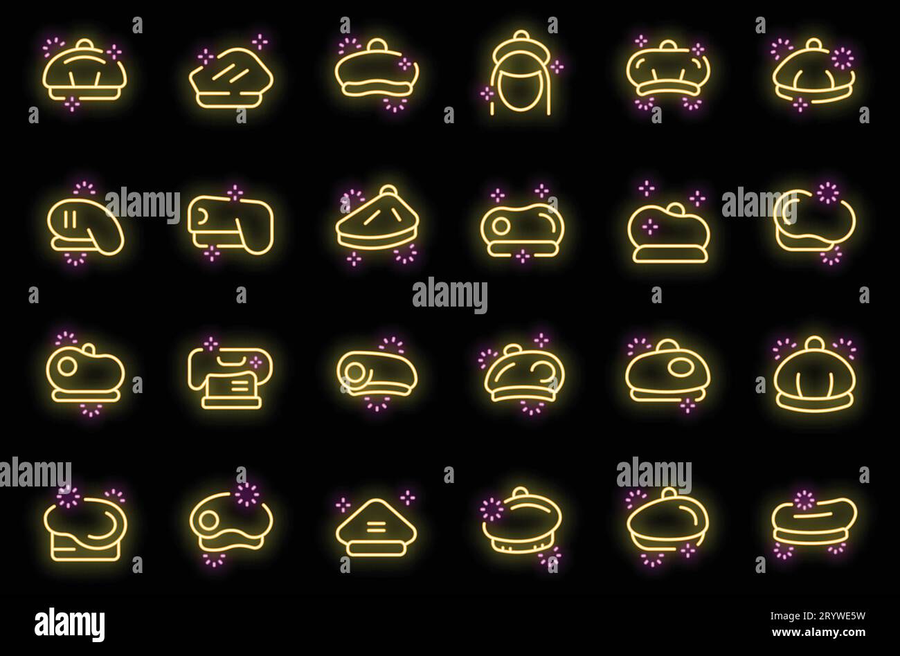 Beret icons set outline vector. French hat. Cap wool neon color on black Stock Vector