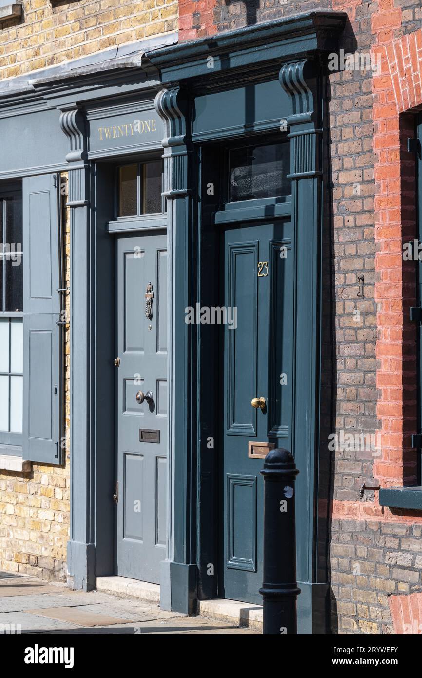 Georgian Doorways in Fournier St, Spitalfields, London E1. Stock Photo