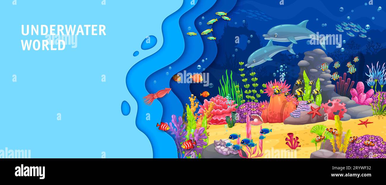 Landing page with cartoon dolphins in sea, paper cut underwater ...