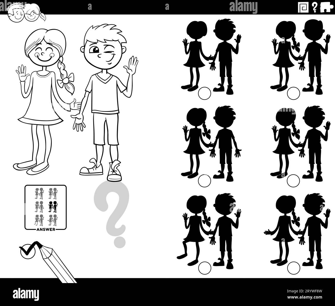 Black and white Cartoon illustration of finding the shadow without differences educational game with girl and boy characters coloring page Stock Photo
