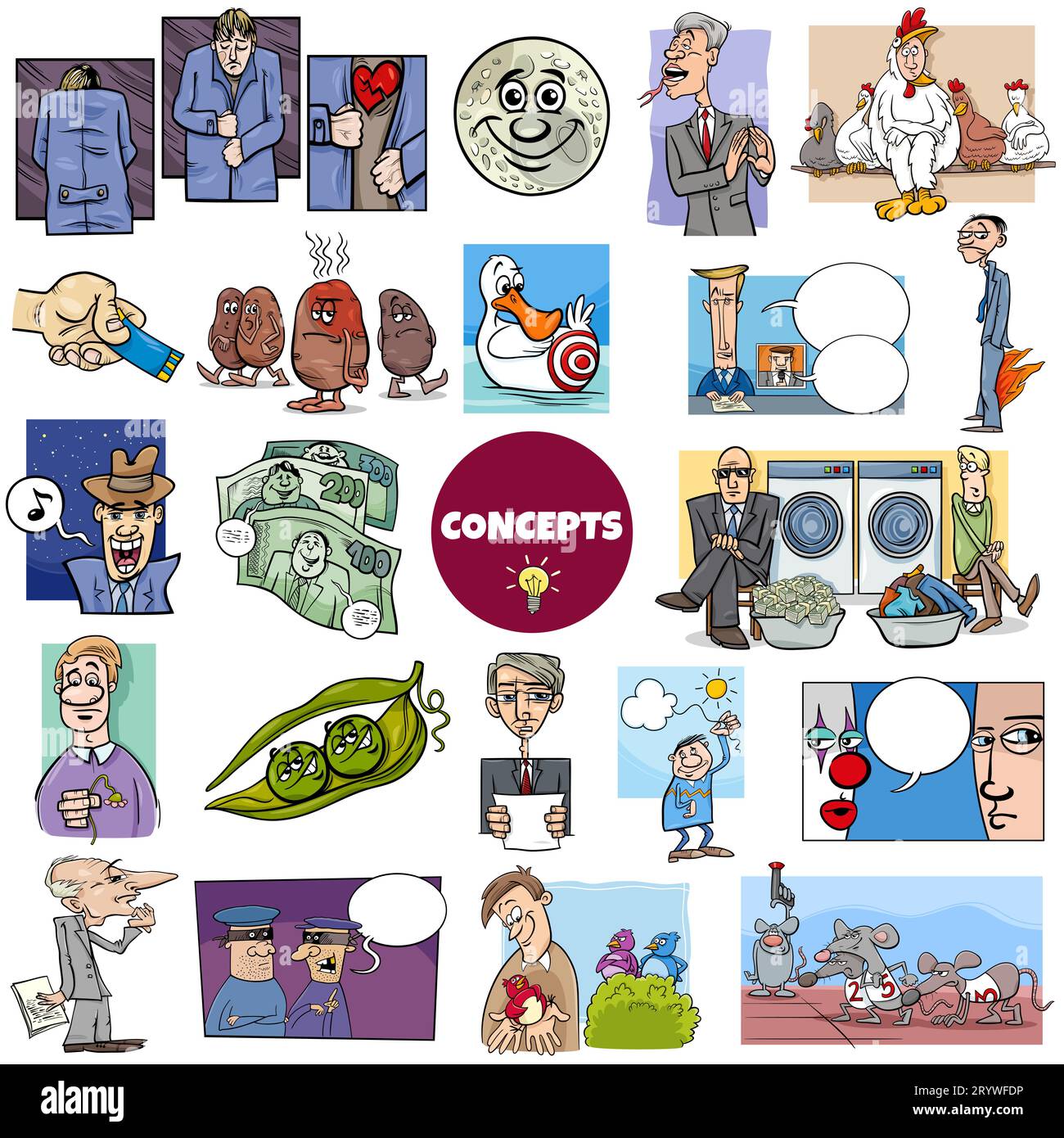 Illustration big set of humorous cartoon concepts or metaphors and ideas with comic characters Stock Photo