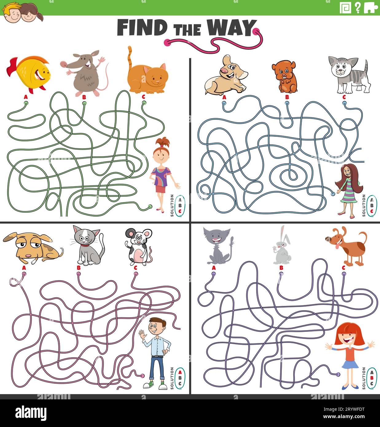 Cartoon illustration of find the way maze puzzle games set with comic children characters and pets Stock Photo