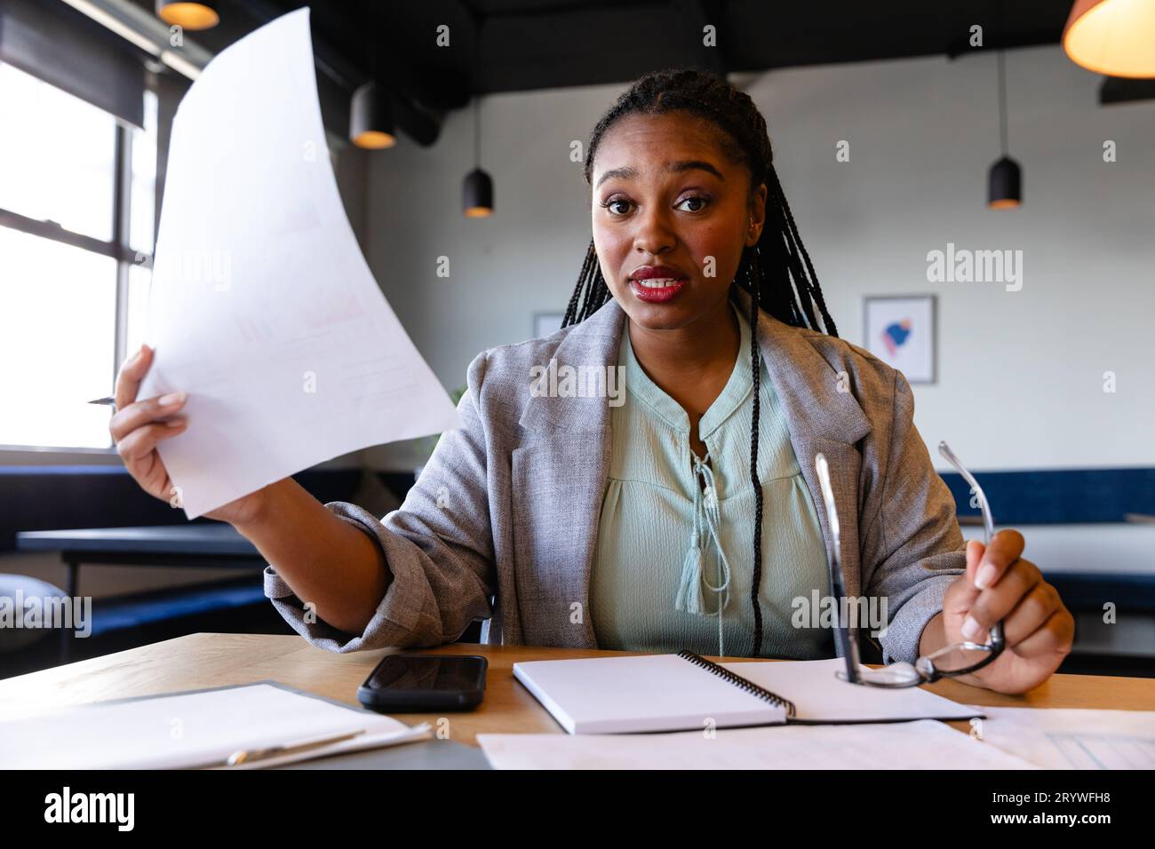 Plus Size African American Casual Businesswoman Making Video Call In Office Stock Photo Alamy