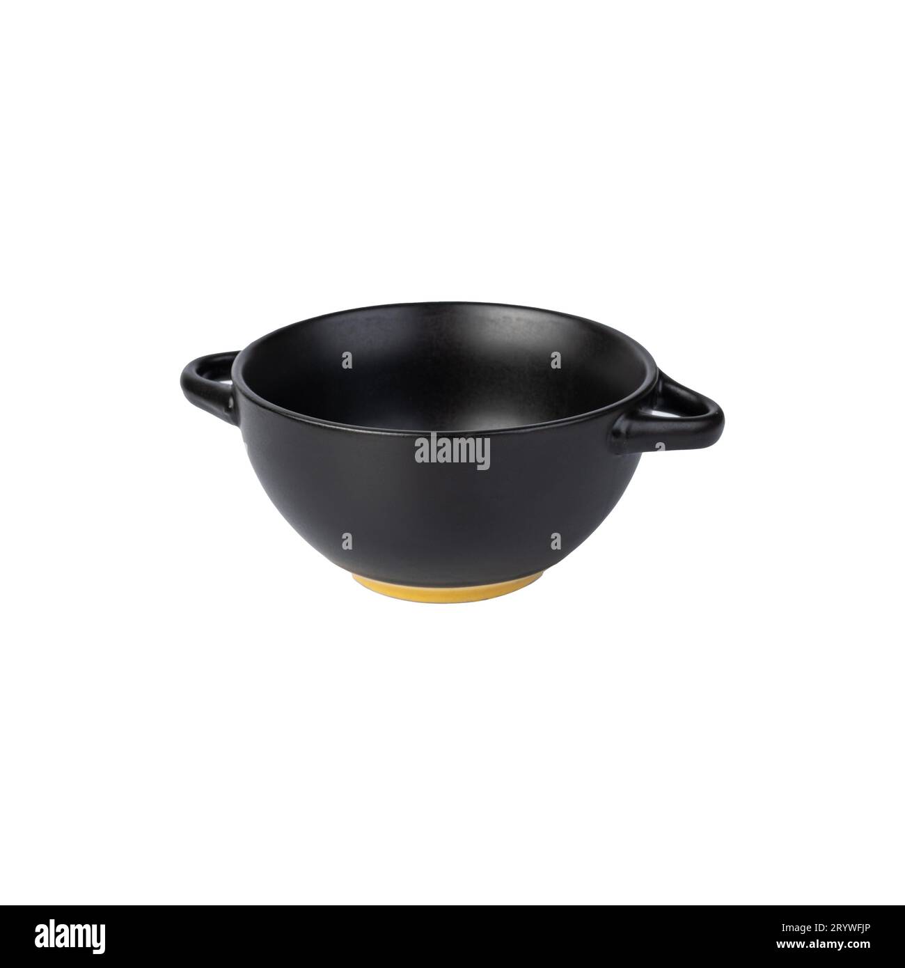 Black ceramic bowl with handle isolated over white background. Stock Photo