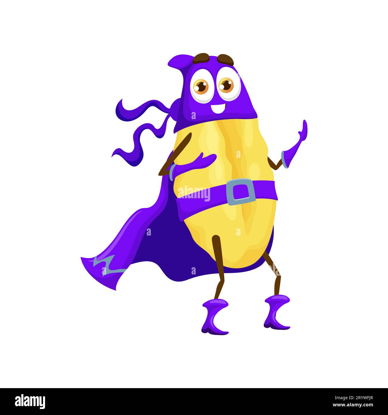 Cartoon gnocchetti sardi italian pasta food superhero character. Isolated vector super hero macaroni personage wear purple defender costume that reflects heroic nature and readiness to save the world Stock Vector