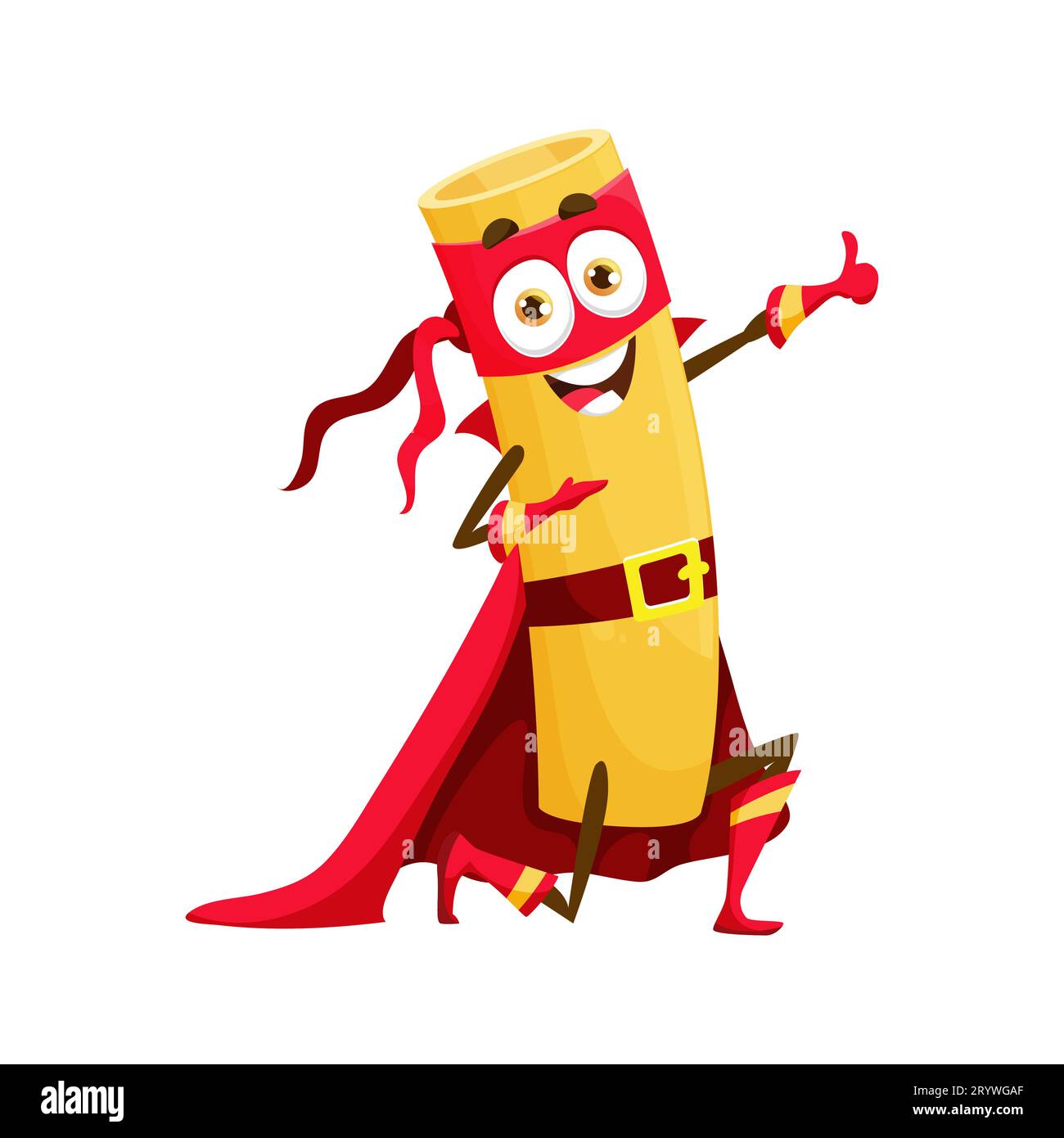 Cartoon rigatoni italian pasta food superhero character. Isolated vector cheeky noodle man, zany super hero personage wear mask and cape showing thumb up, ready to fight food villains with his powers Stock Vector