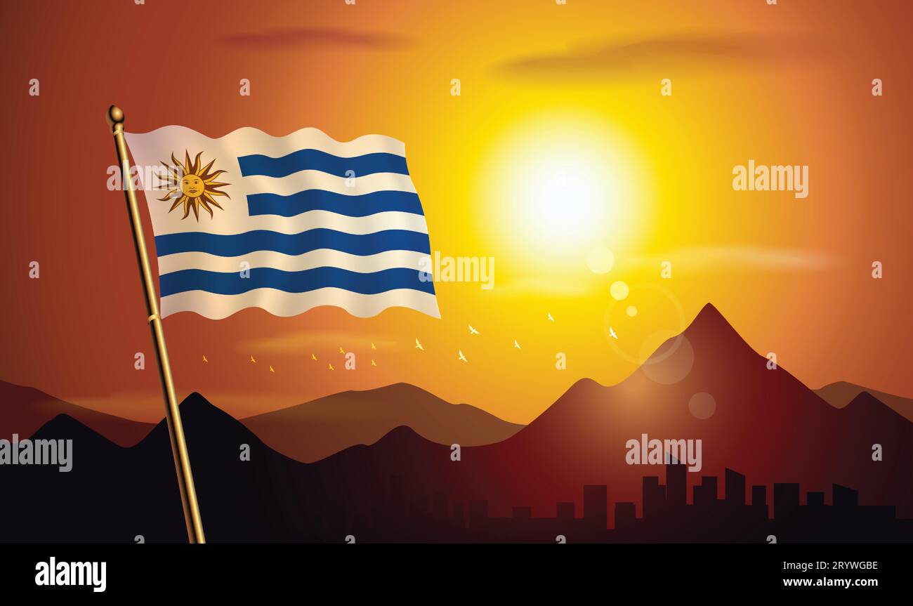 Uruguay flag with sunset background of mountains and lakes Stock Vector