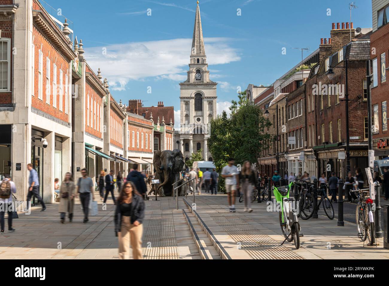 Brushfield Street and Hawksmore's Christ Church in Spitalfields London E1. Stock Photo