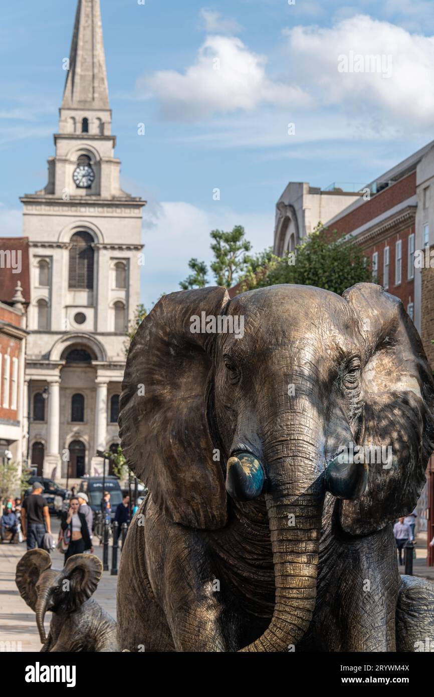 Herd of Hope Elephant sculptures in Brushfield Street Spitalfields, London E1. Stock Photo