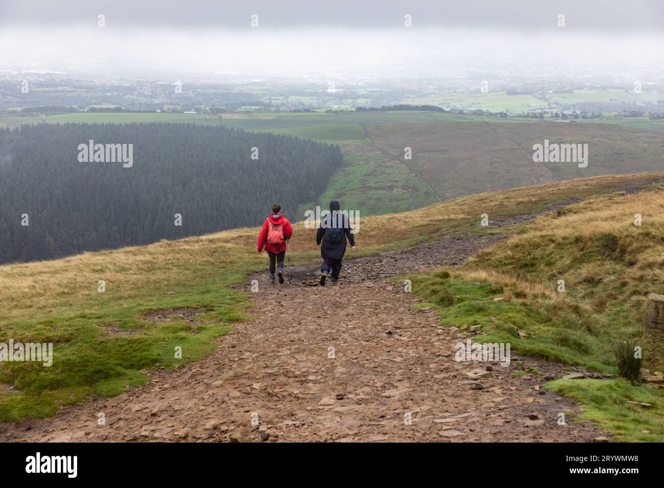 Pendle Hill Lancashire, September 2023, two female women hikers walking down Pendle Hill with views over Lancashire,England,UK Stock Photo