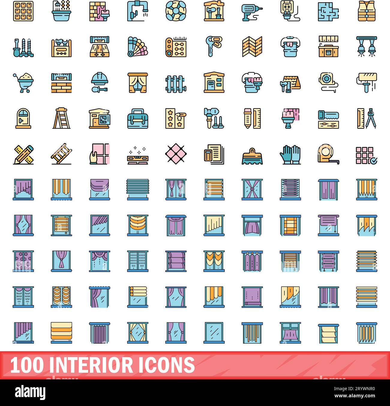 100 interior icons set. Color line set of interior vector icons thin ...