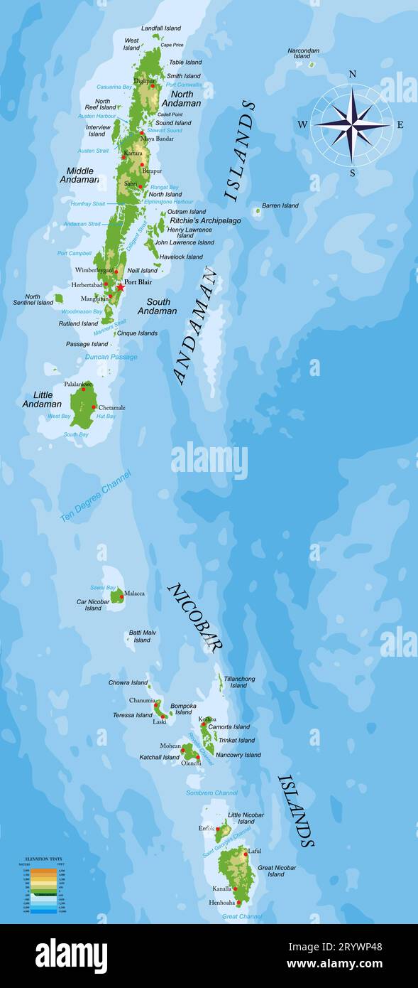 Highly detailed physical map of Andaman and Nicobar islands in vector