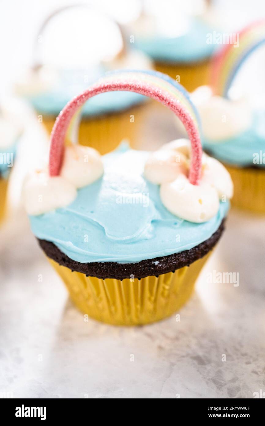 Unicorn rainbow chocolate cupcake Stock Photo