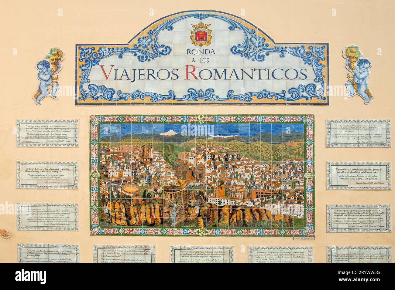 Ronda, Spain - September 25, 2023: mural with painted tiles from Martin Rivero with proverbs of historic authors all describing the romantic city Rond Stock Photo