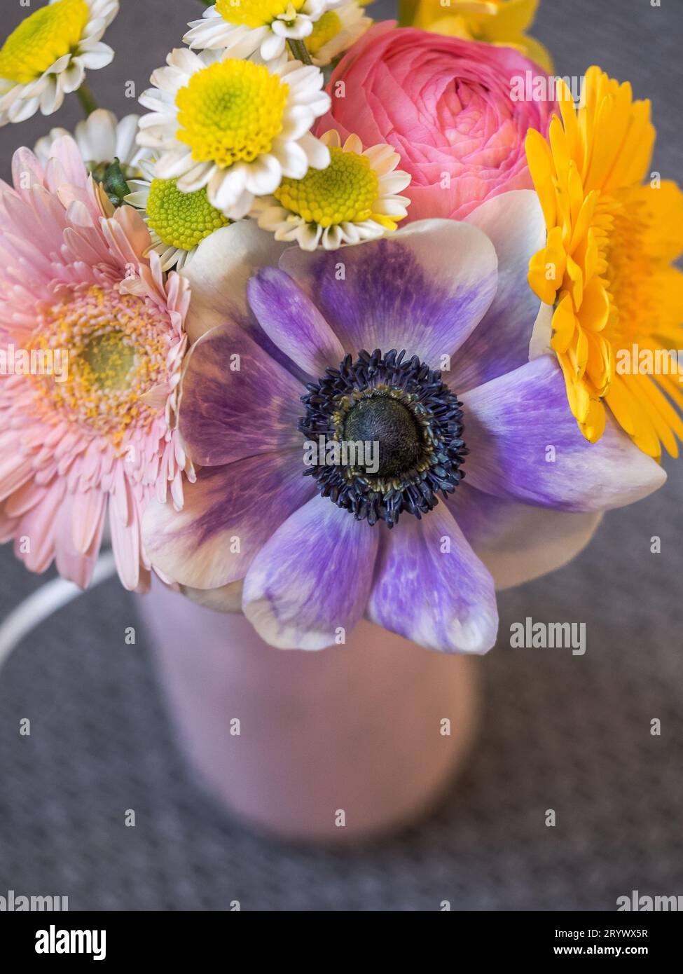 A top view of a bouquet of colorful spring flowers Stock Photo