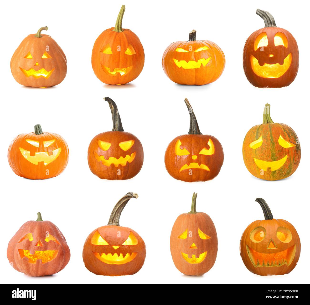 Set of different carved Halloween pumpkins on white background Stock ...