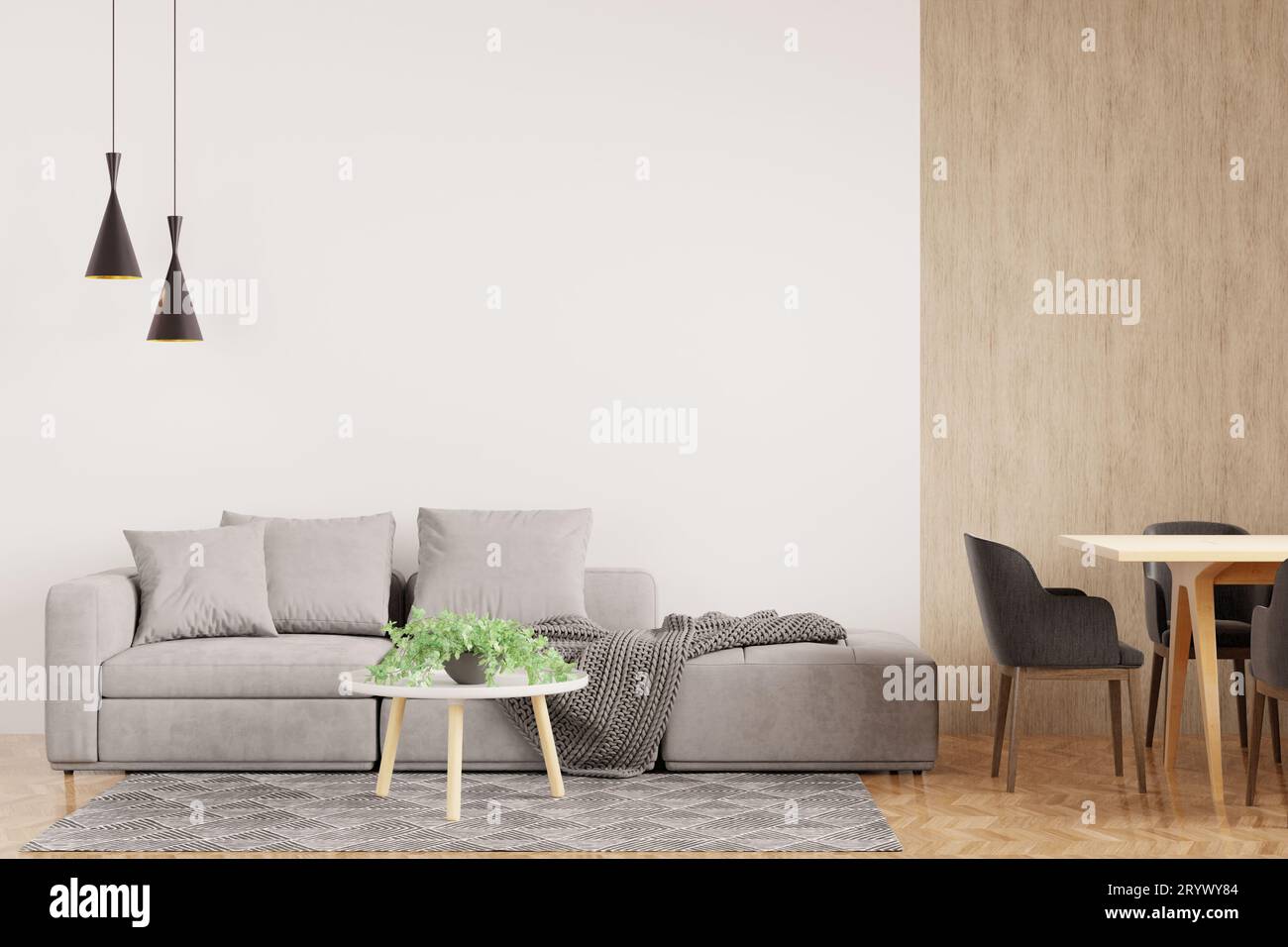 White Modern living room interior with stylish comfortable grey sofa Stock Photo