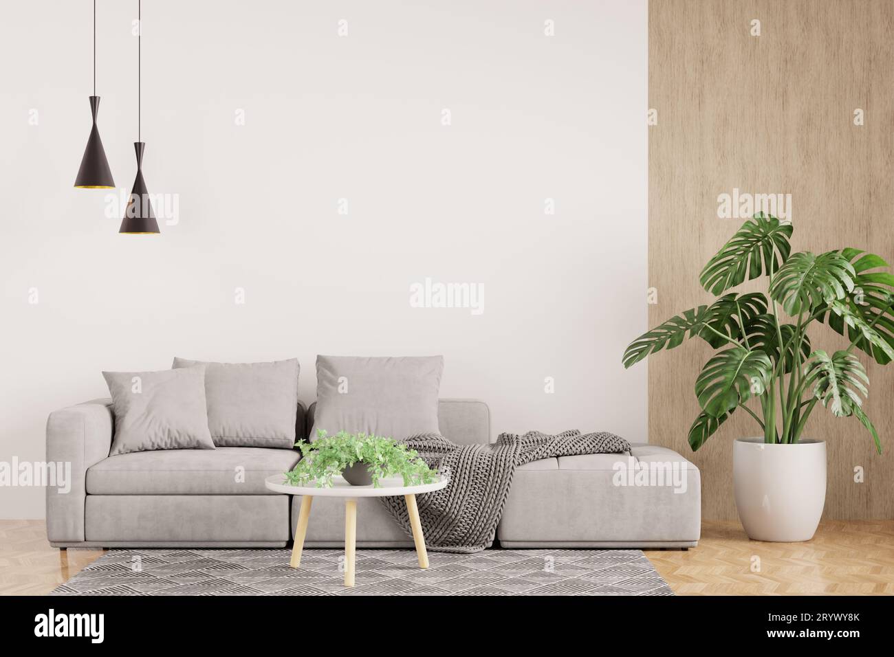White Modern living room interior with stylish comfortable grey sofa Stock Photo