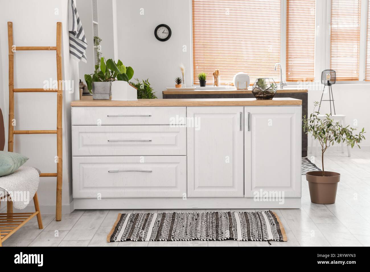 Interior of light kitchen with white counters and striped carpet Stock ...
