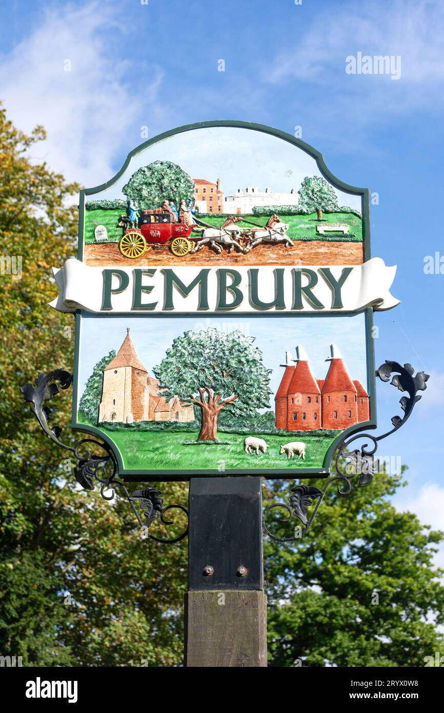 Village sign, Village Green, Lower Green Road, Pembury, Kent, England, United Kingdom Stock Photo