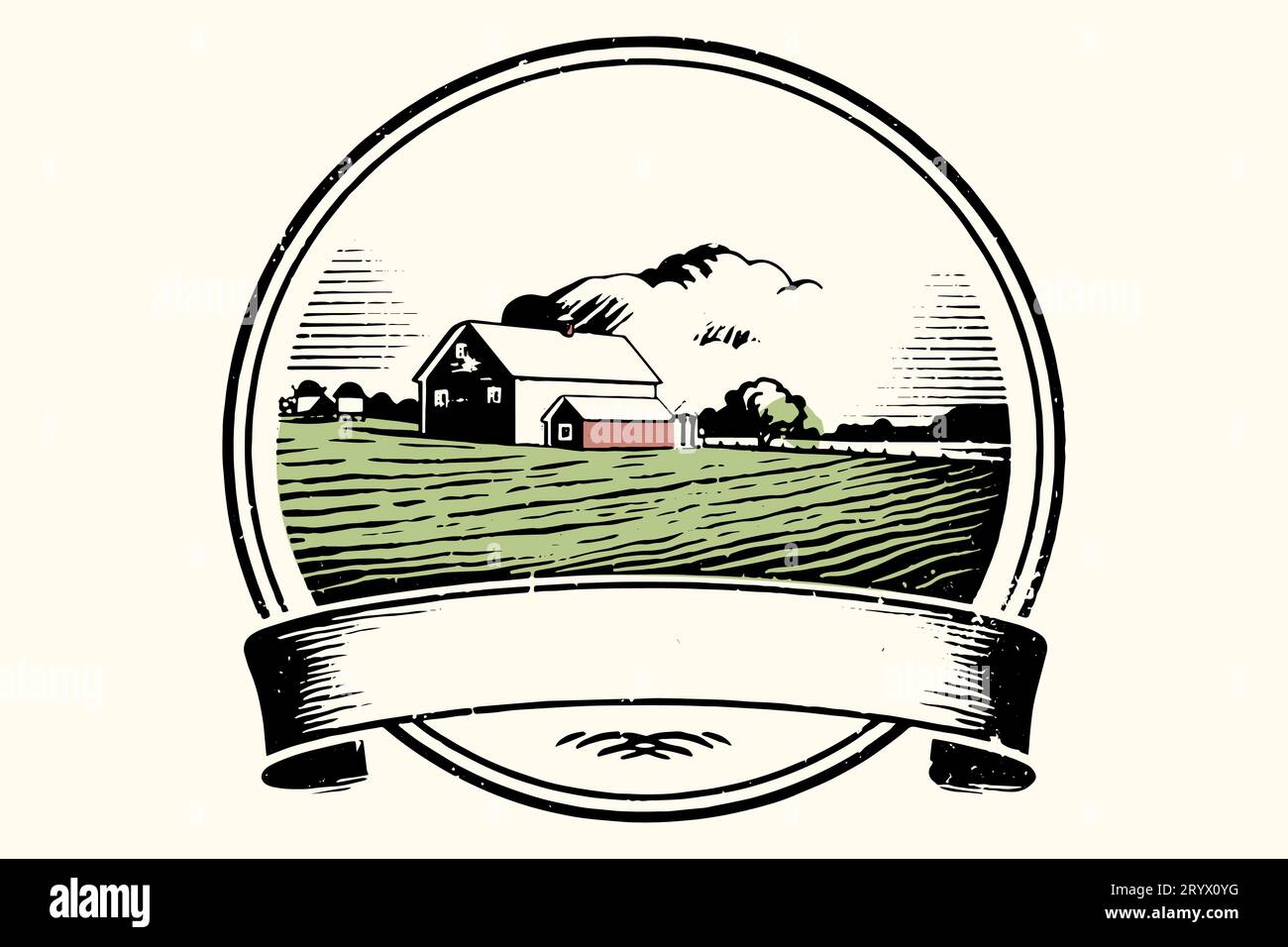 Farm logo illustration, emblem with farmhouse design hand drawn sketch