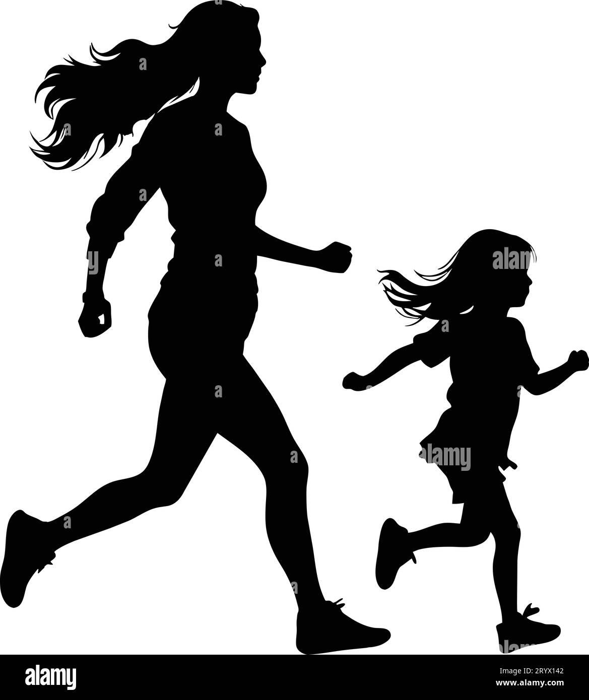 Mother with daughter running, isolated vector silhouette. Stock Vector