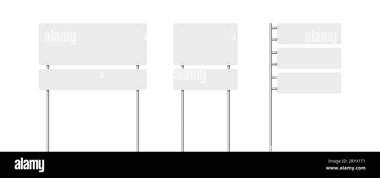 Various road signs on a chrome metal pole. traffic or highway signboard