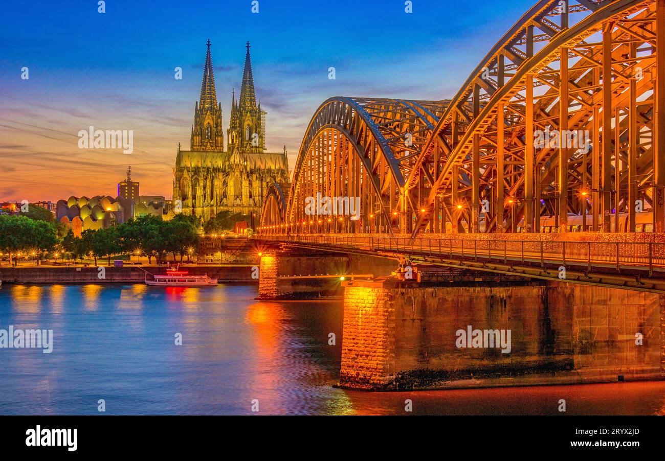 Cologne Koln Germany during sunset, Cologne bridge with cathedral Stock