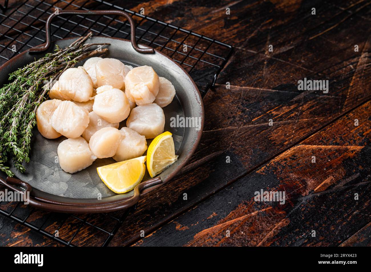 Raw scallops in a steel tray with herbs. Wooden background. Top view. Copy space. Stock Photo