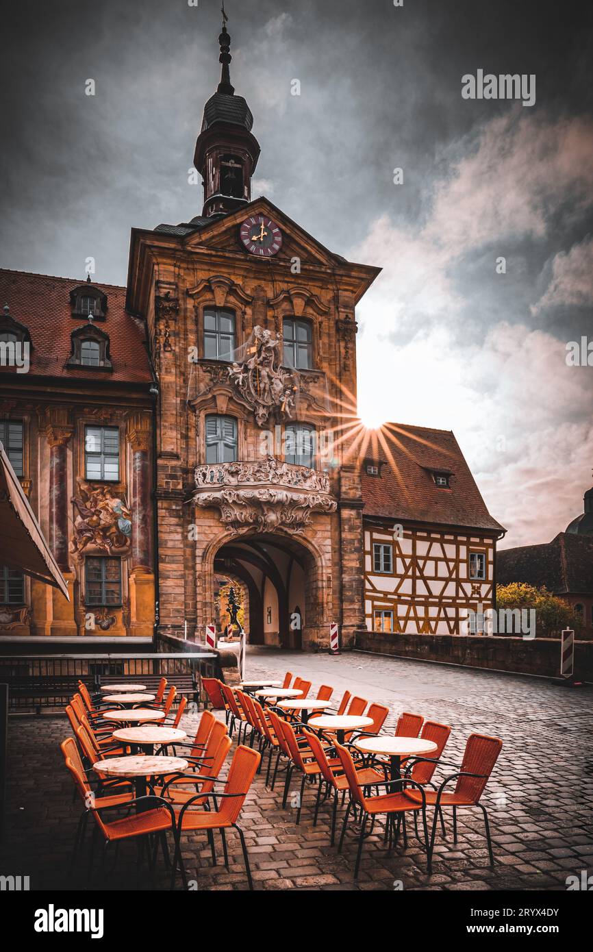 Captivating Fachwerk Artistry: Unveiling Bamberg and Its Iconic BrÃ¼ckenrathaus Stock Photo