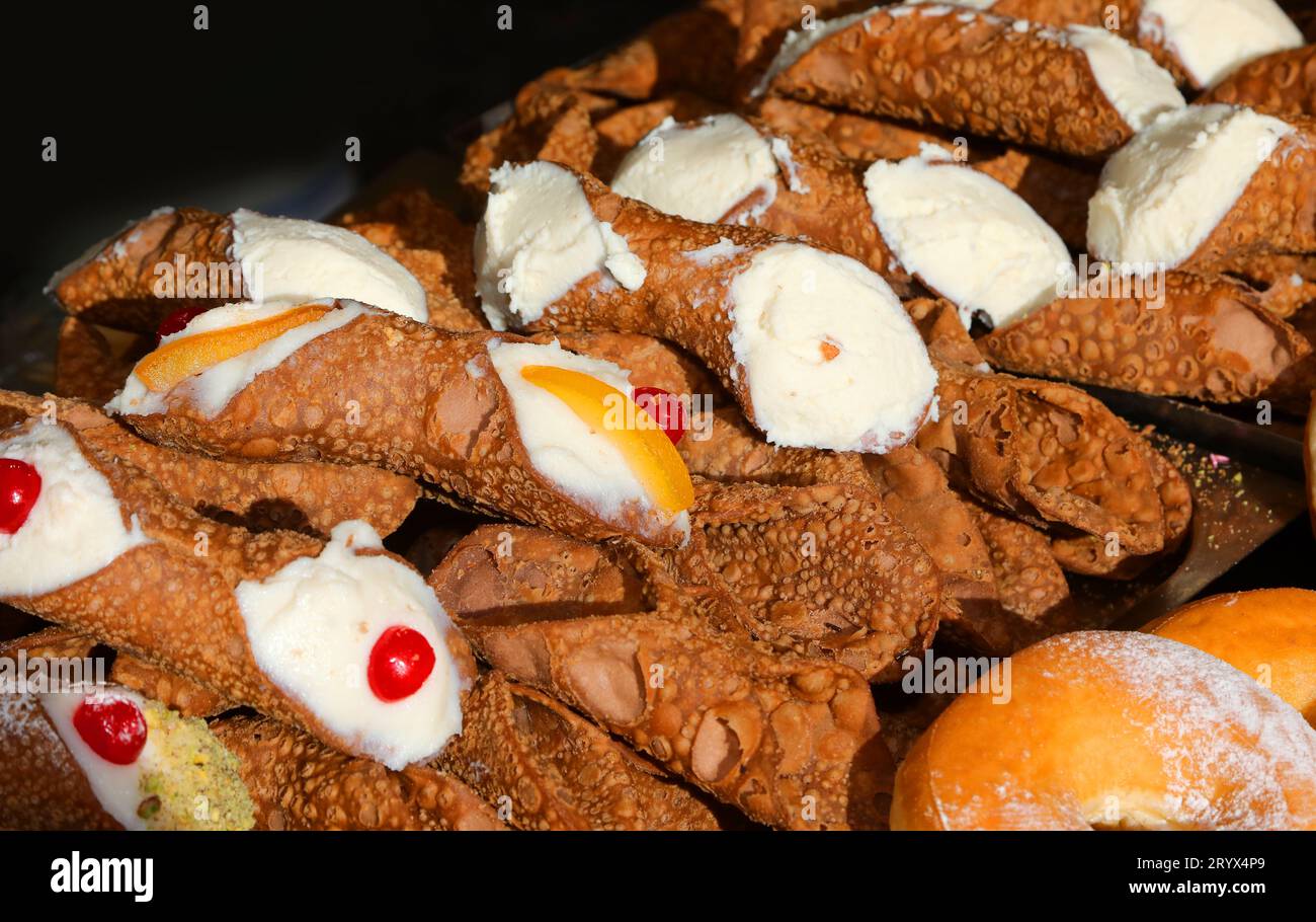 Italian dessert typical of Sicily Region in Italy called CANNOLO SICILIANO for sale Stock Photo