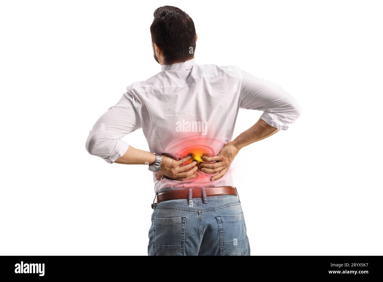Rear view shot of a man holding lower back inflamed zone isolated on white background Stock Photo