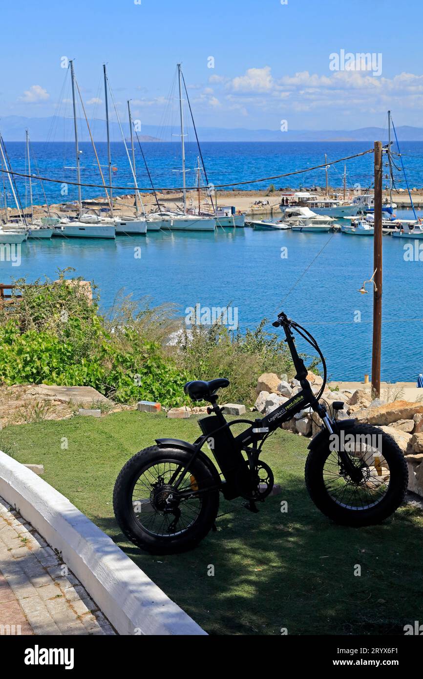 Mini motor bikes, parked by the roadside,Agistri island, Saronic island