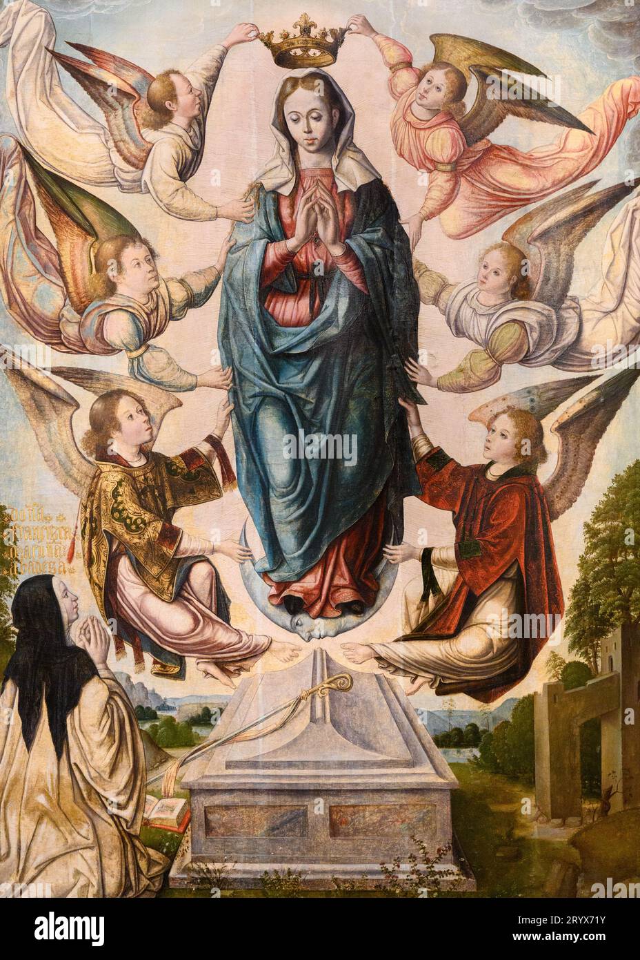 'The Assumption of Our Lady'. Oil on wood. Spain, 16th/17th century. Inscription above the nun: 'Dona Francisca de Acuna abadesa' Stock Photo