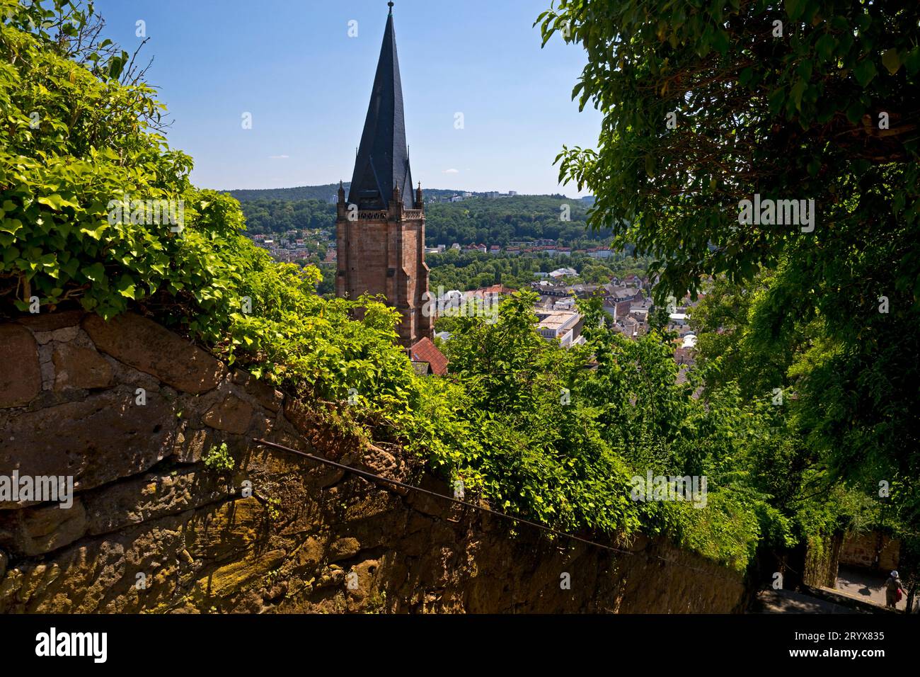 View of the St. Marien church tower and the steep stairway to the city