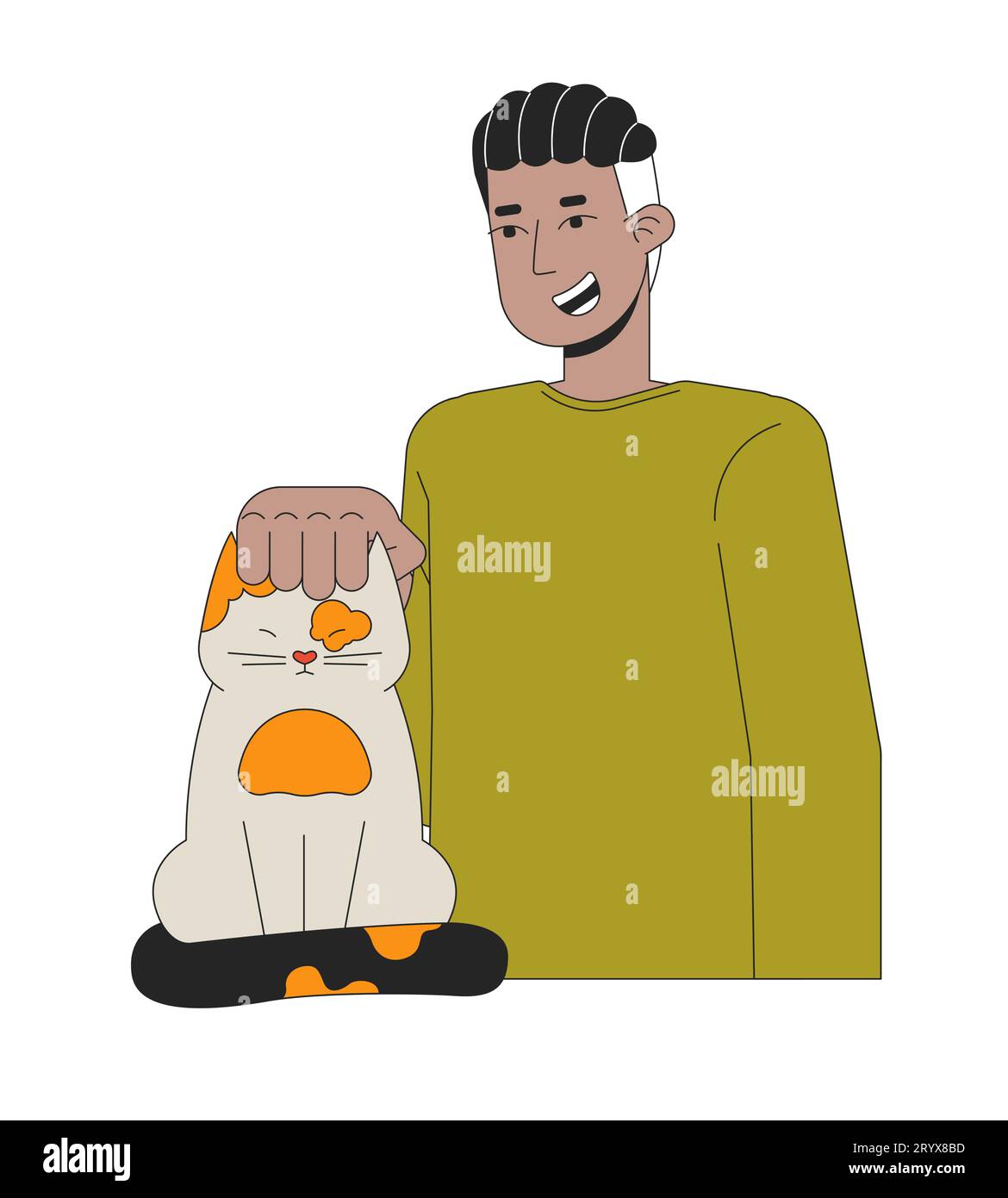 African american adult man petting cat 2D linear cartoon character