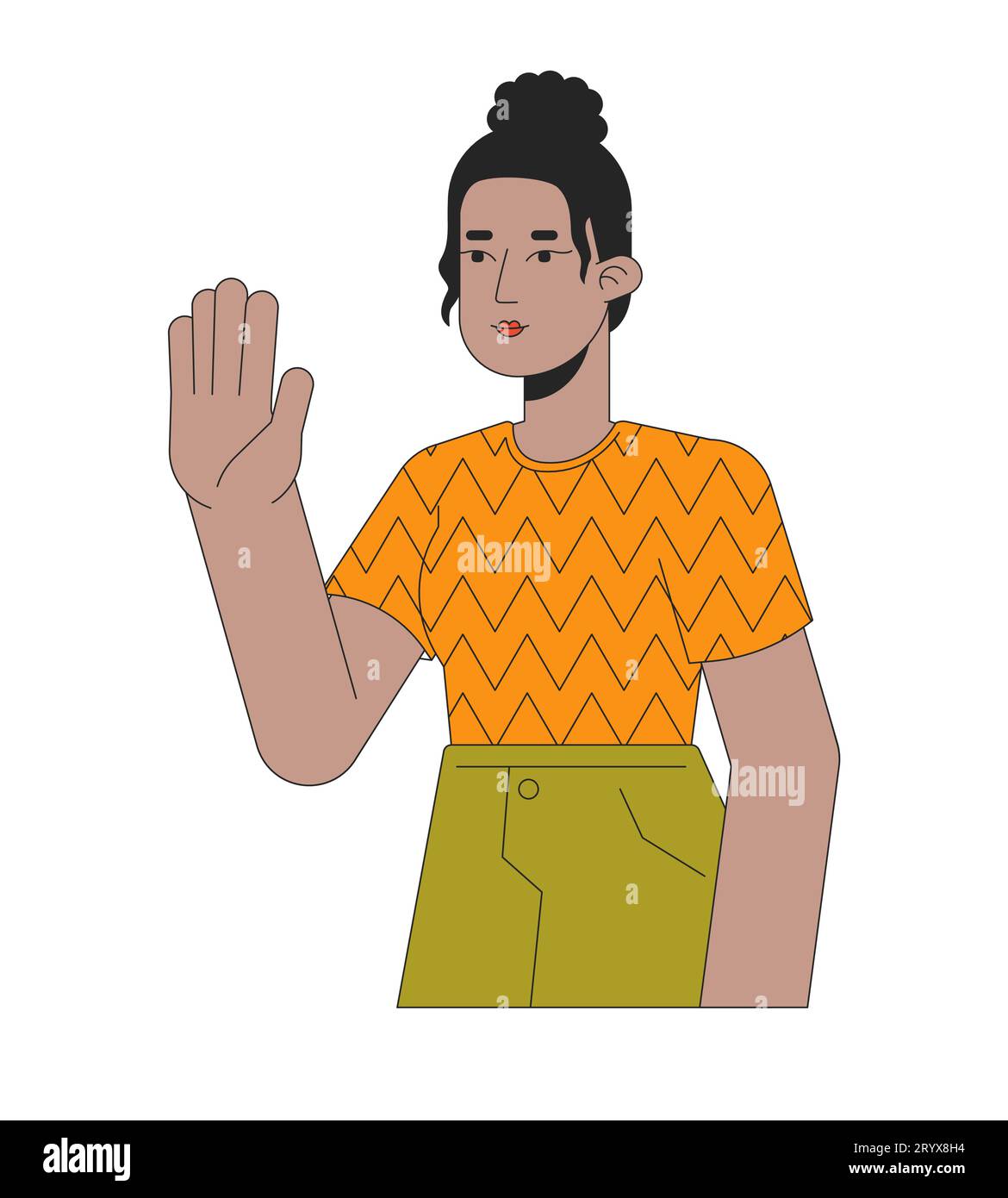 Top knot black girl saying hi 2D linear cartoon character Stock Vector