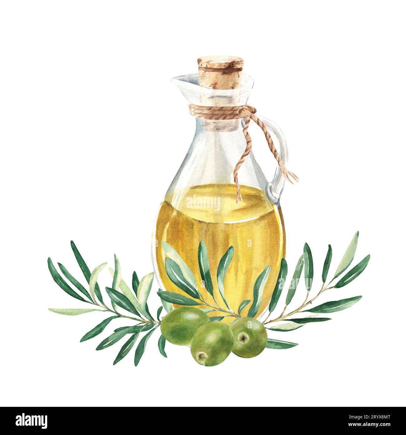 Composition of glass jug with oil and olive branch with green olives ...