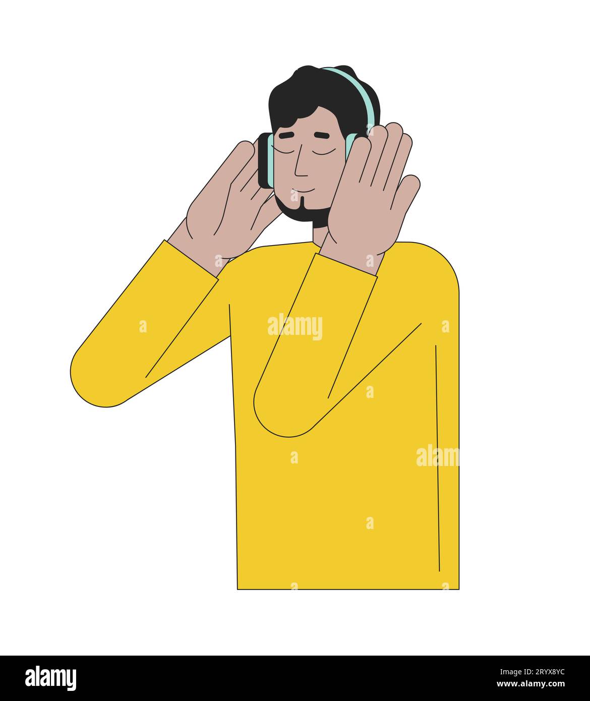 Headphones middle eastern guy bearded 2D linear cartoon character Stock ...