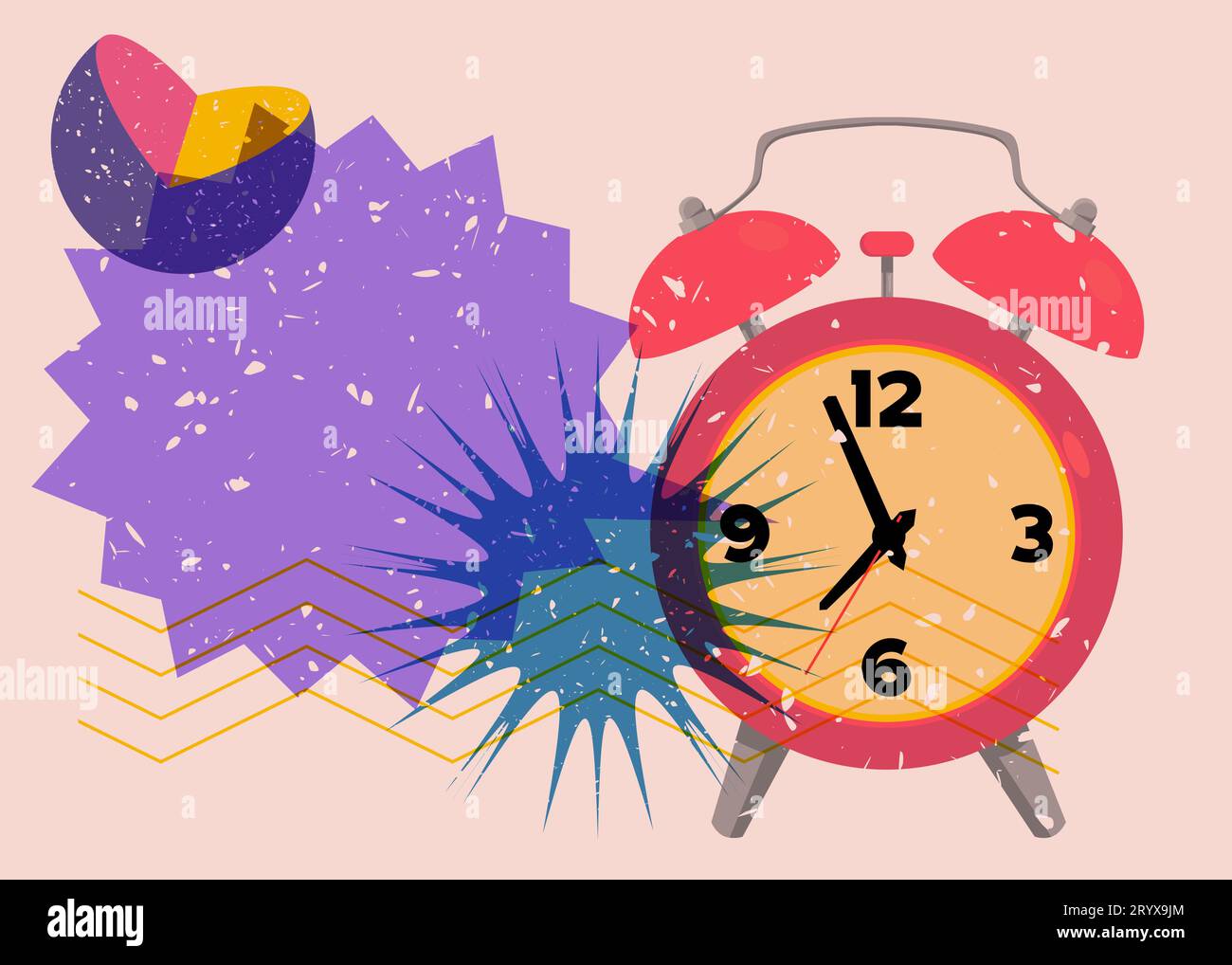 Risograph alarm clock wirh speech bubble and geometric shapes. Waking up early morning concept with objects in trendy riso graph design, print texture Stock Vector