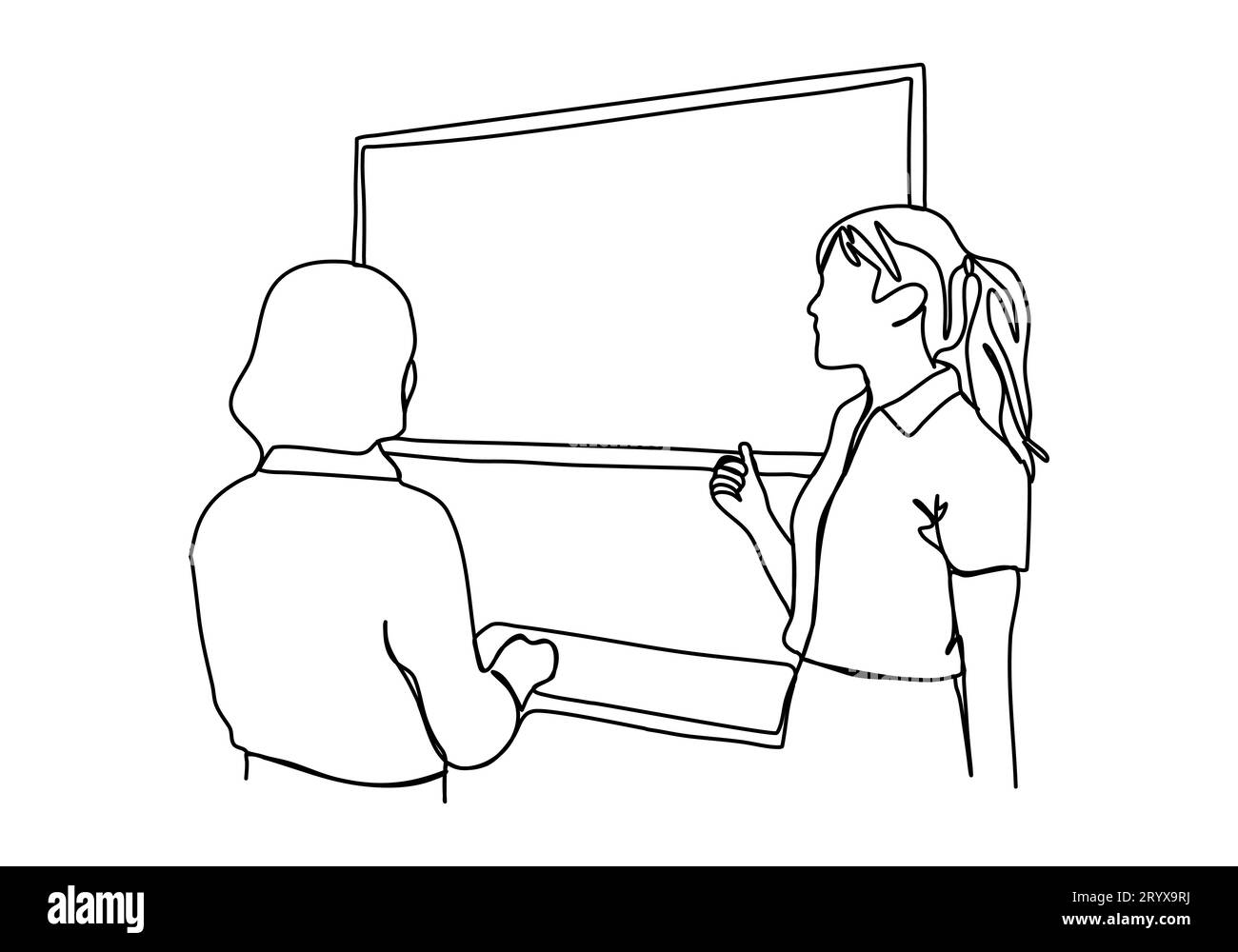 Two people talking around a blackboard. One line drawing, vector ...