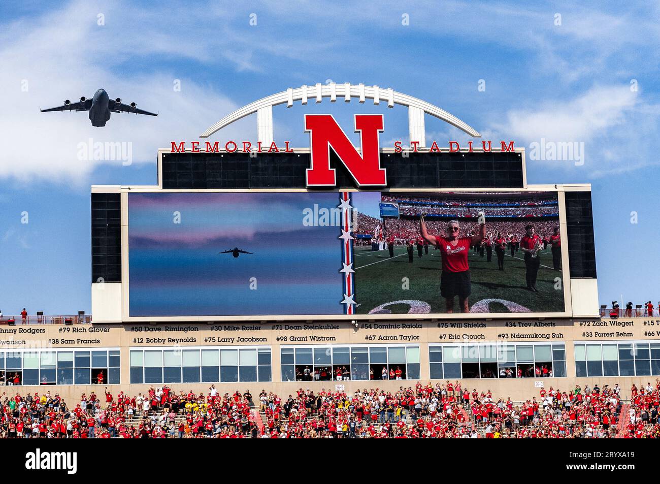 Lincoln, NE. U.S. 30th Sep, 2023. A United States Air Force C-17 Globemaster from Joint Base Elmendorf-Richardson, Alaska flys over Memorial Stadium in action during a NCAA Division 1 football game between #2 ranked Michigan Wolverines and the Nebraska Cornhuskers at Memorial Stadium in Lincoln, NE.Michigan won 45-7.Attendance: 87,134.392nd consecutive sellout.Michael Spomer/Cal Sport Media/Alamy Live News Stock Photo