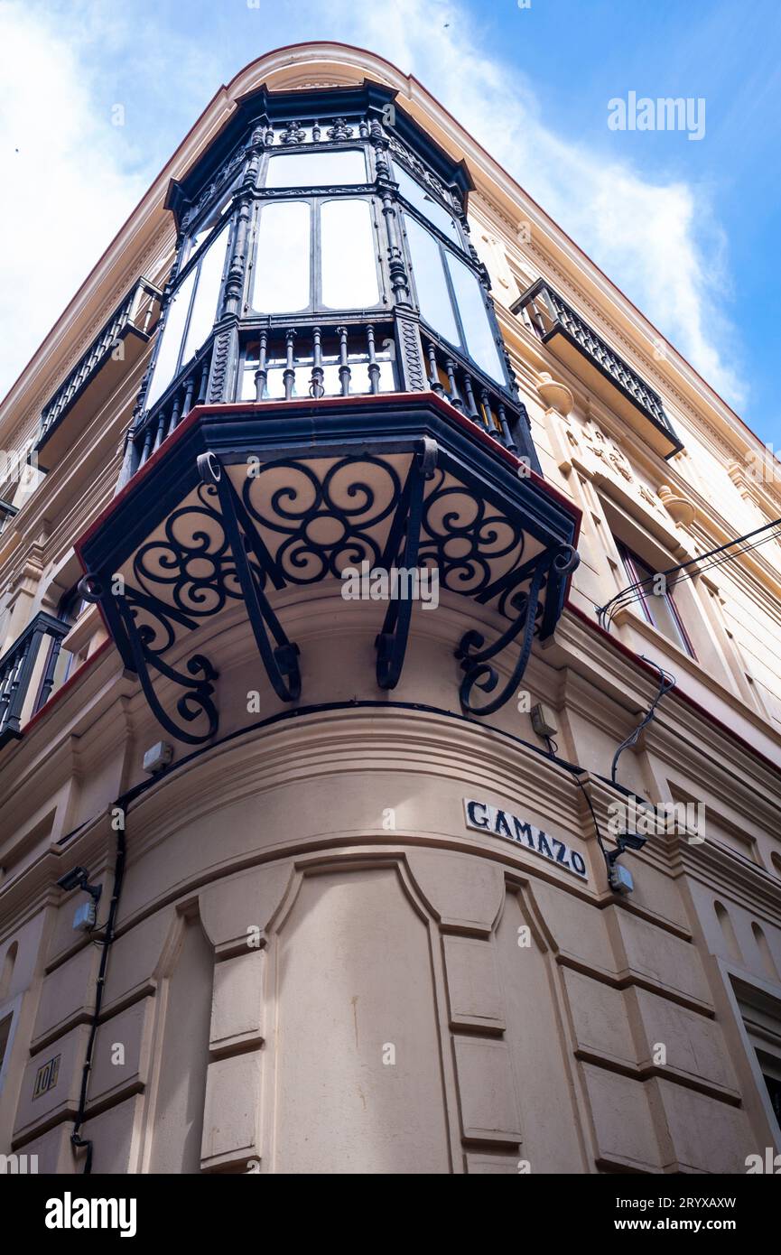 Seville Spain, Close up, Low Angle, Architectural Detail; Old Apartment Building, Bay Window, in Old Town Center, Cozy Window Nook Stock Photo