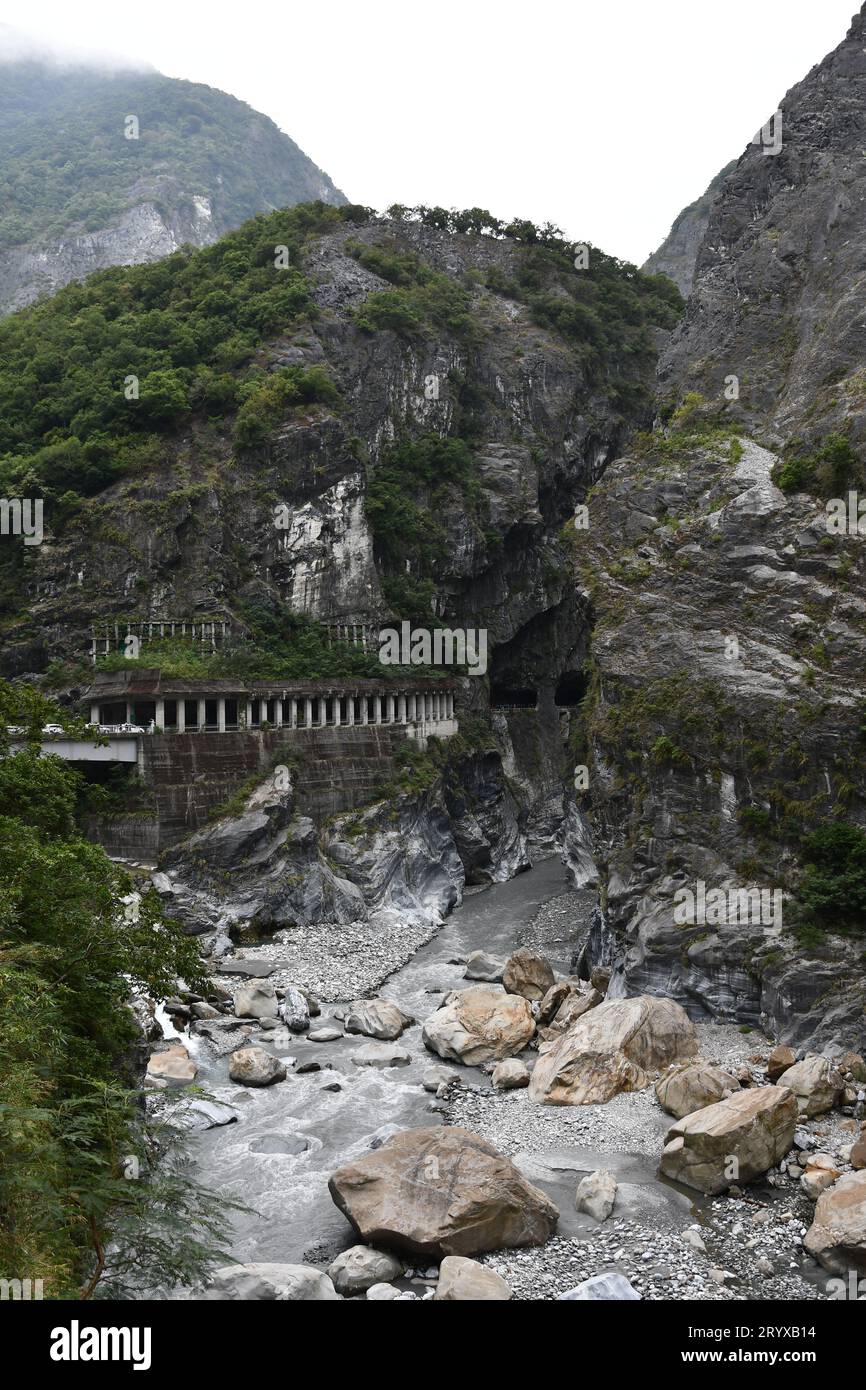 Vertical of the road tunnel on mountainside at Tianxiang Recreation Area in Xiulin Township, Taiwan. Stock Photo