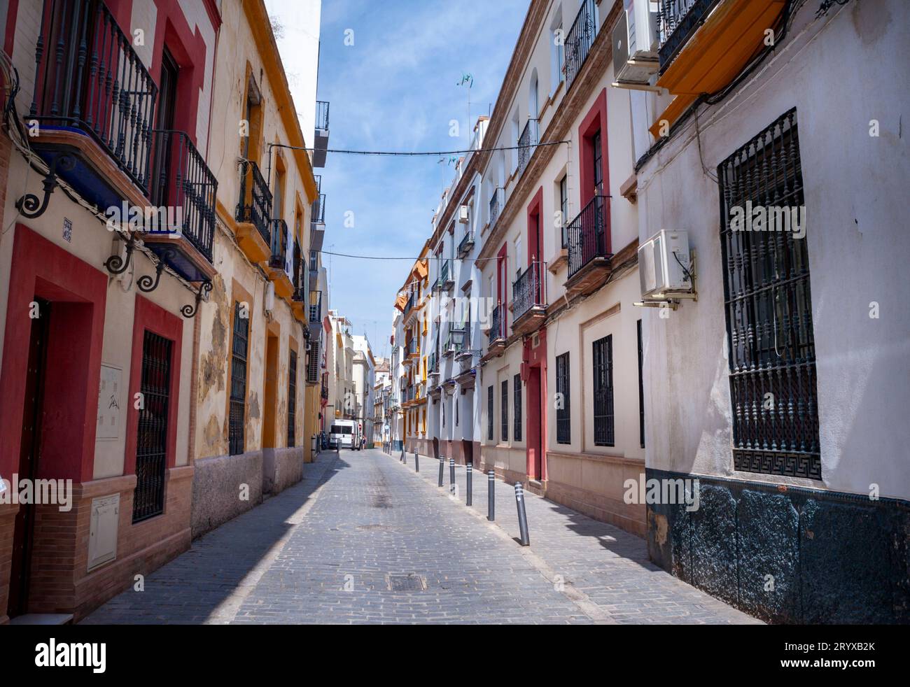 Seville Spain, Wide Angle View, Street Scene, Apartment Buildings, in Old Town Center, Stock Photo