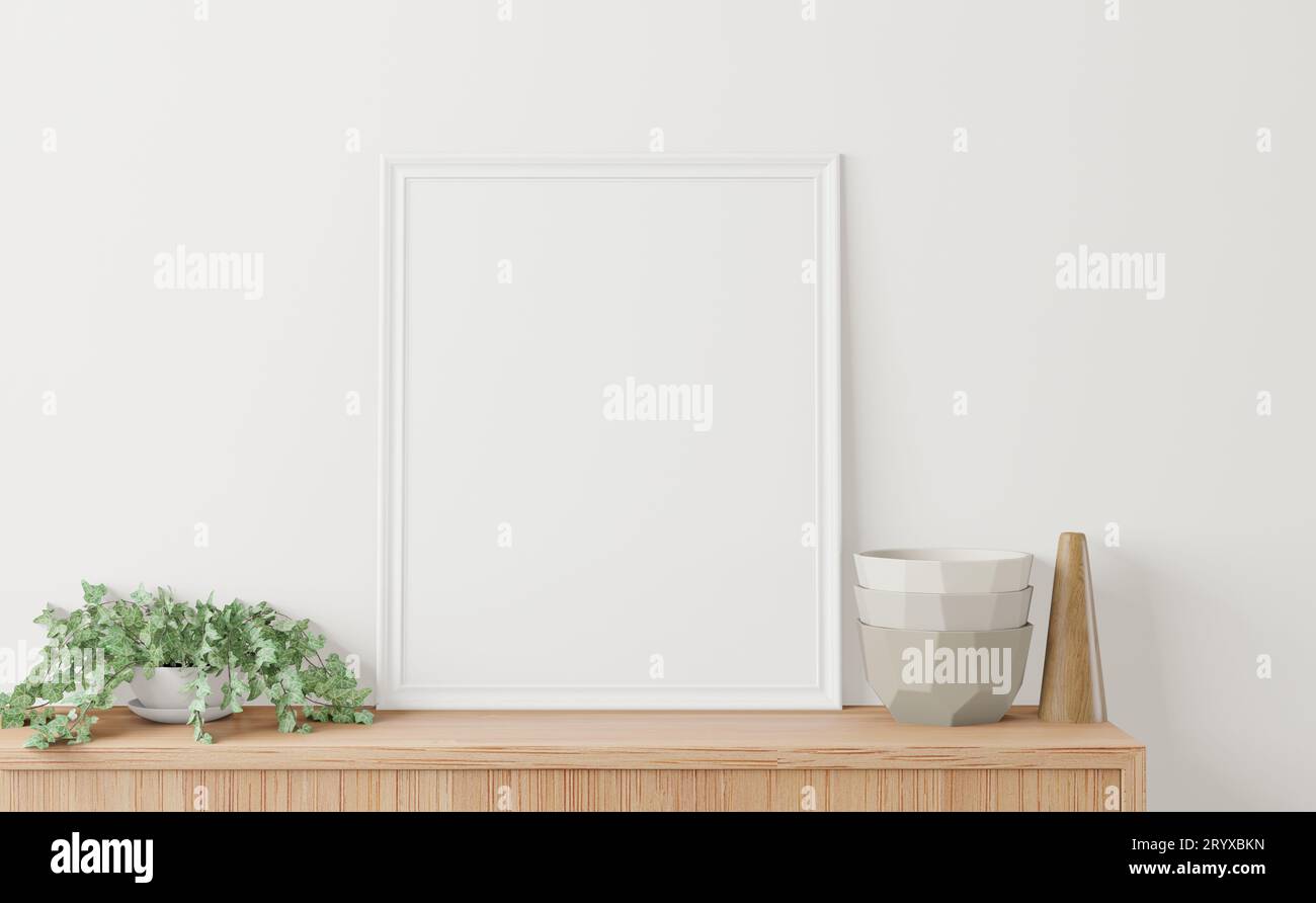 Home interior poster mock up with frame on the cabinet and white wall background. 3D rendering. Stock Photo