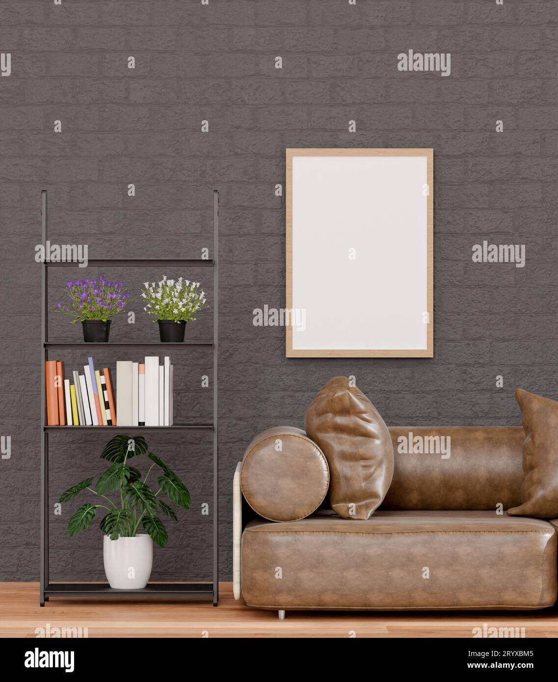 Loft style living room and black brick wall Stock Photo - Alamy