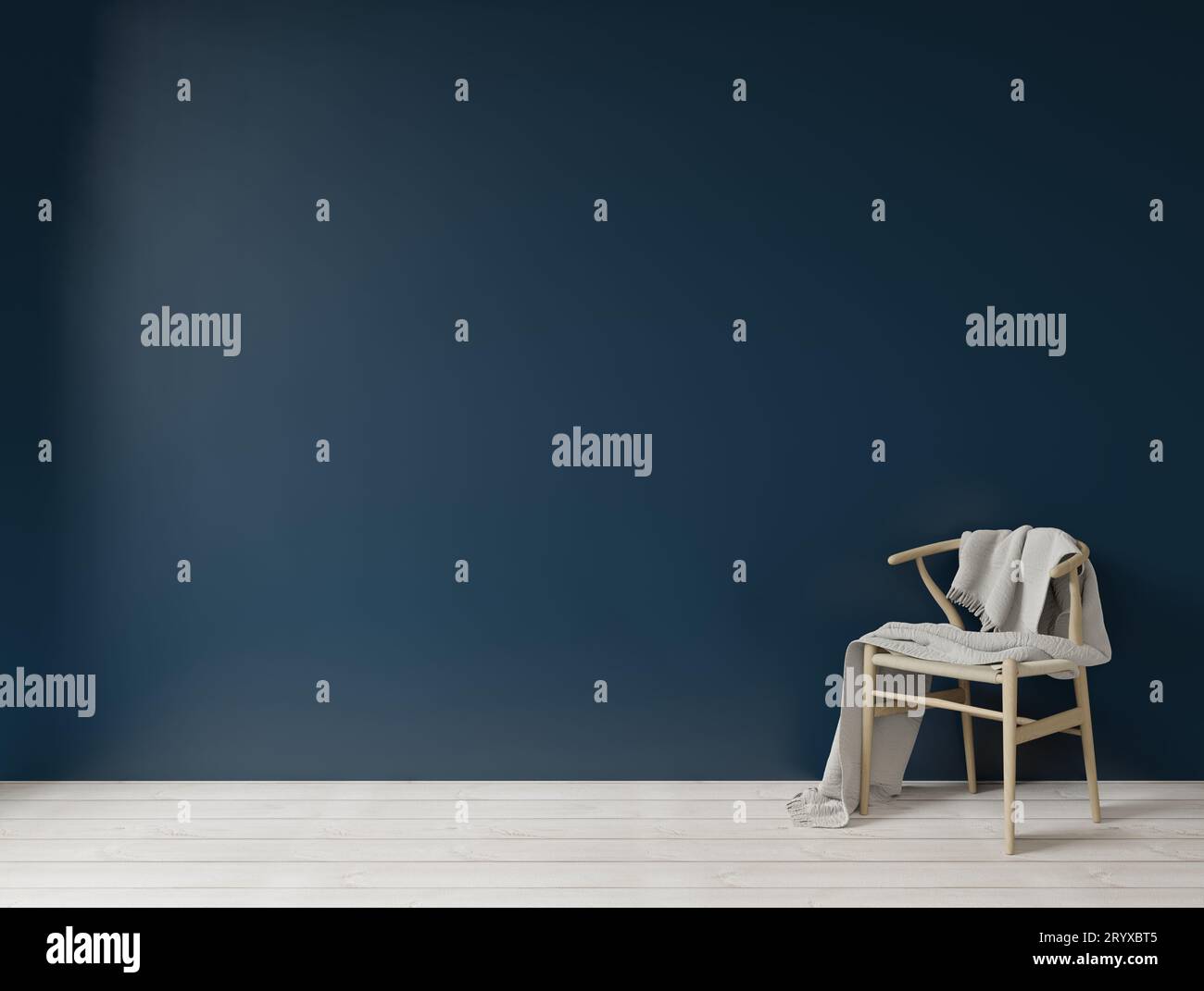Interior with dark blue green wall wooden chair and empty wall for copy